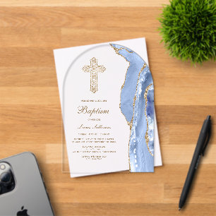 Invitations En Acrylique Baptême Agate Bleu Bleuet