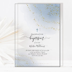 Invitations En Acrylique Baptême aquarelle faux paillettes