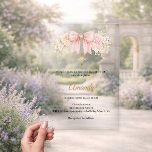 Invitations En Acrylique Baptême Arc Nuances de rose Fleurs Neutres Croix