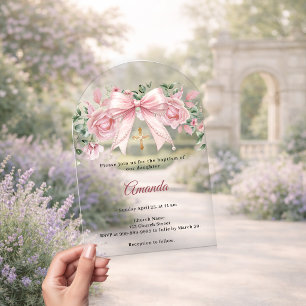 Invitations En Acrylique Baptême Arc Rose Fleurs Fille Croix Premium