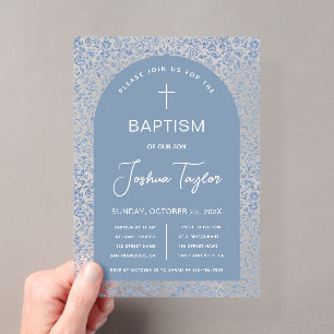 Invitations En Acrylique Baptême Bleu Garçon Arc Motif Floral Christening