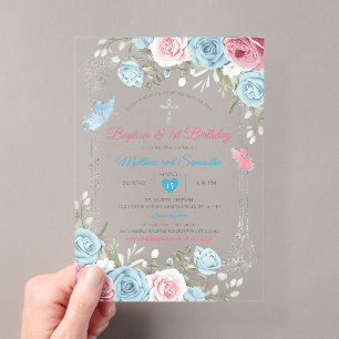 Invitations En Acrylique Baptême bleu rose argent Baptême bleu 1er annivers