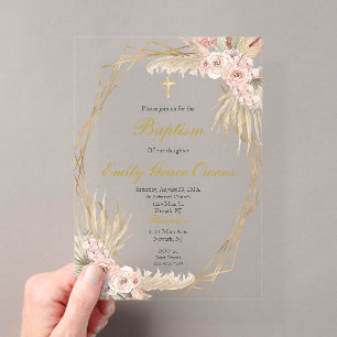 Invitations En Acrylique Baptême bohème rose acrylique