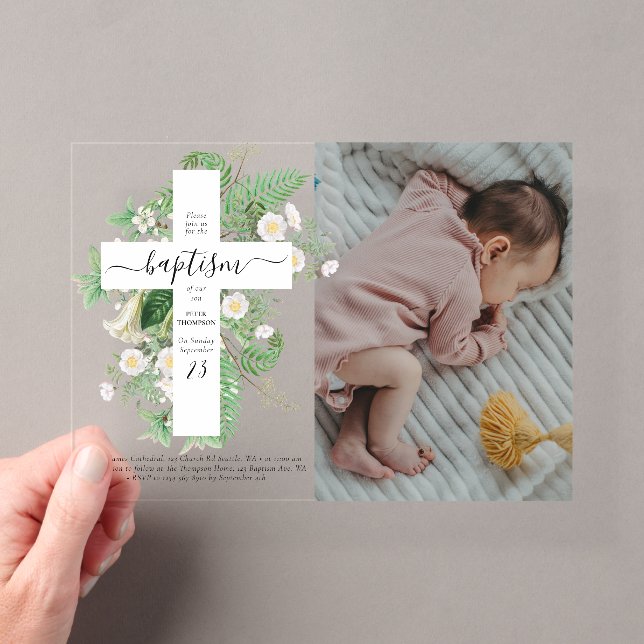 Invitations En Acrylique Baptême Christening Cross Green Photo personnalisé (In situ (ordinateur de poche))