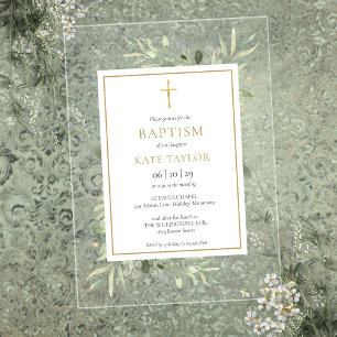 Invitations En Acrylique Baptême Christening Végétal Aquarelle Or