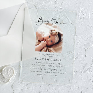 Invitations En Acrylique Baptême croisé minimaliste & Arche photo Christeni