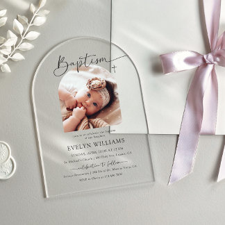 Invitations En Acrylique Baptême croisé minimaliste & Arche photo Christeni