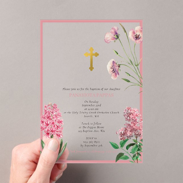 Invitations En Acrylique Baptême de baptême orthodoxe grecque rose florale (In situ (ordinateur de poche))