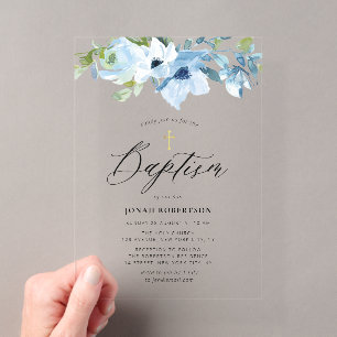 Invitations En Acrylique Baptême de bébé garçon floral bleu