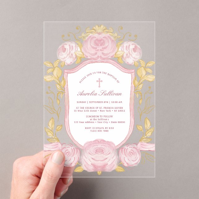 Invitations En Acrylique Baptême de crête rose (In situ (ordinateur de poche))