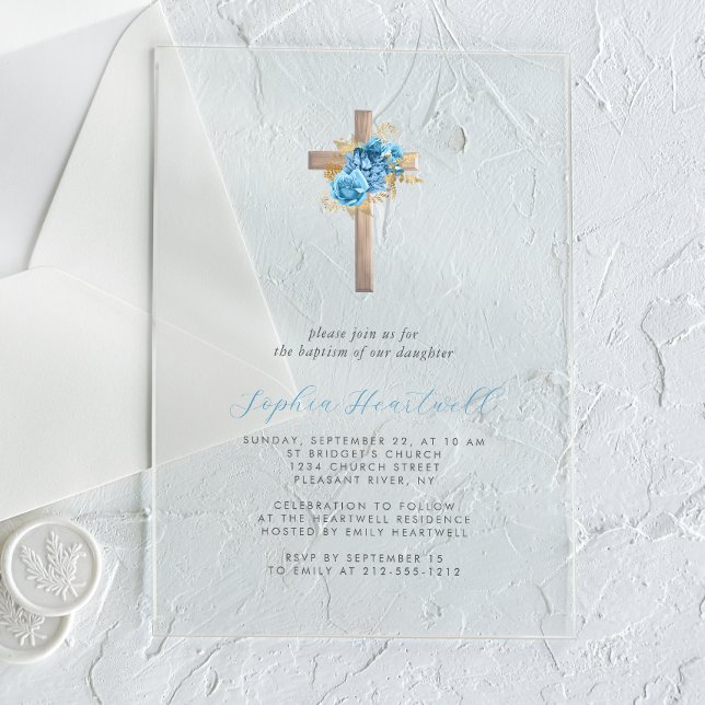 Invitations En Acrylique Baptême de croix d'or bleu floral (Créateur téléchargé)