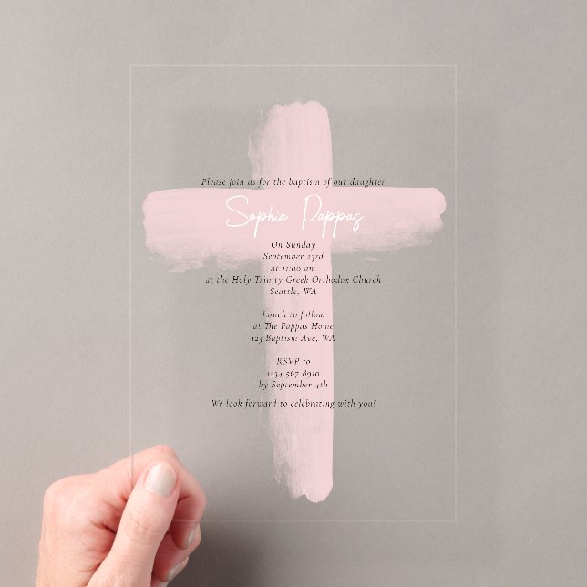 Invitations En Acrylique Baptême de fille baptisée grecque orthodoxe rose r (In situ (ordinateur de poche))