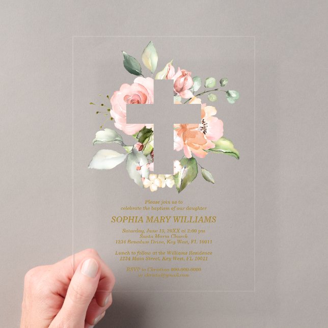 Invitations En Acrylique Baptême de fille rose pâle et de croix blanche (In situ (ordinateur de poche))