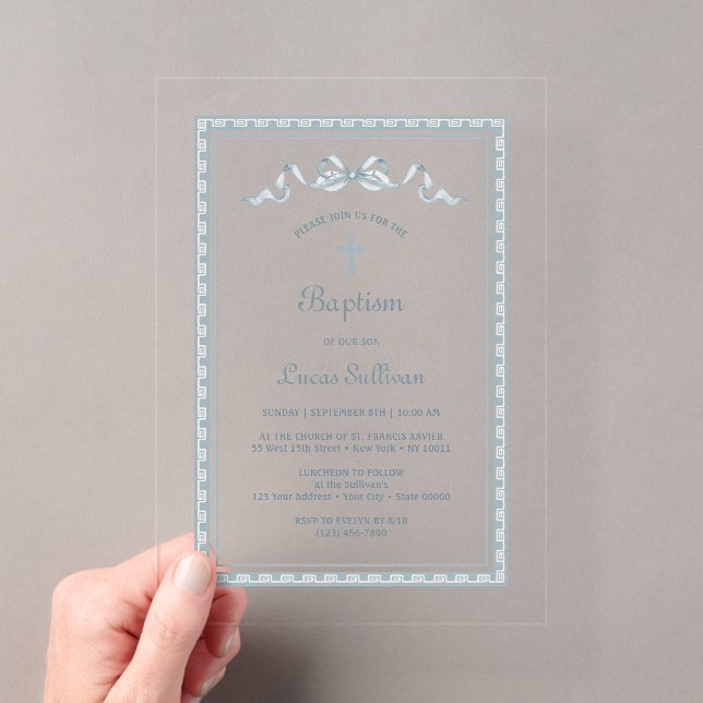 Invitations En Acrylique Baptême de fond grec bleu Dusty (In situ (ordinateur de poche))
