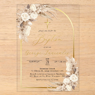 Invitations En Acrylique Baptême de gazon de Pampas neutre bohème
