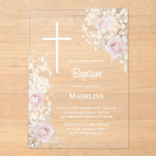 Invitations En Acrylique Baptême de la Gypsophile et roses roses