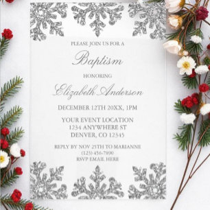 Invitations En Acrylique Baptême d'hiver du flocon de neige en argent