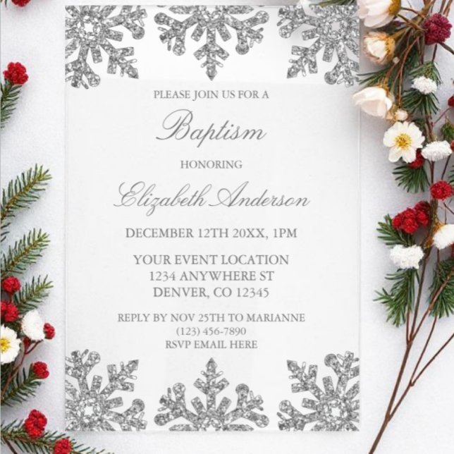 Invitations En Acrylique Baptême d'hiver du flocon de neige en argent (Créateur téléchargé)