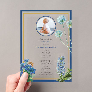 Invitations En Acrylique Baptême d'or Bleu Baptême de baptême Boy Photo