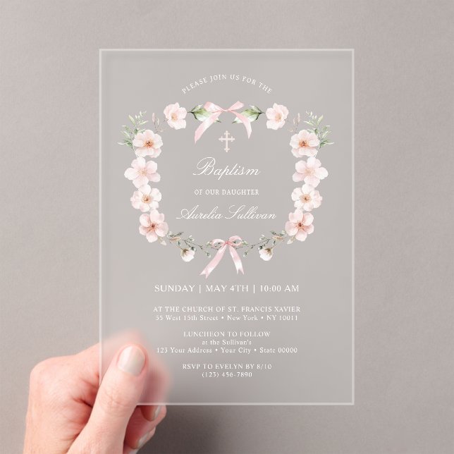 Invitations En Acrylique Baptême du cadre floral rose (In situ (ordinateur de poche))