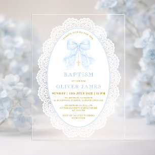 Invitations En Acrylique Baptême élégant garçon avec noeud bleu et croix
