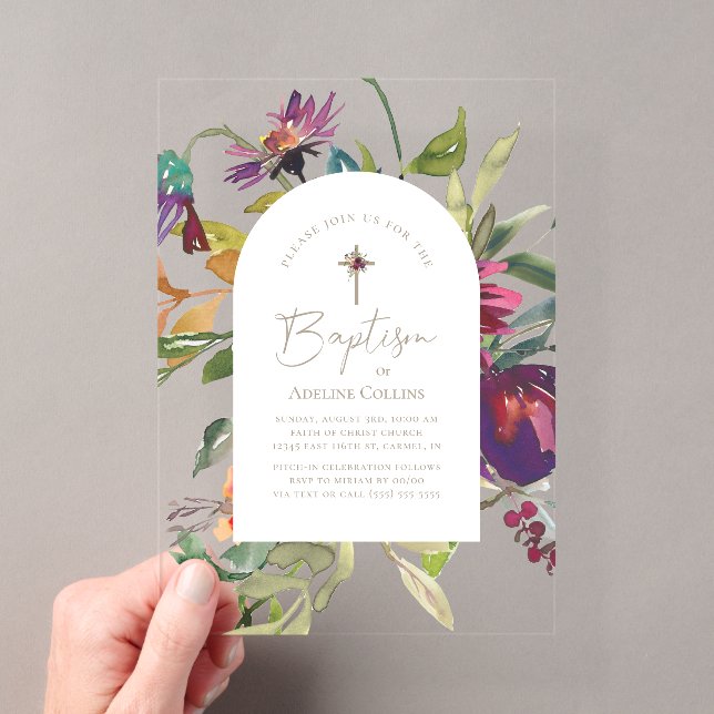 Invitations En Acrylique Baptême élégant Script or floral Bourgogne moderne (In situ (ordinateur de poche))