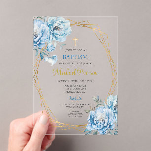 Invitations En Acrylique Baptême floral bleu