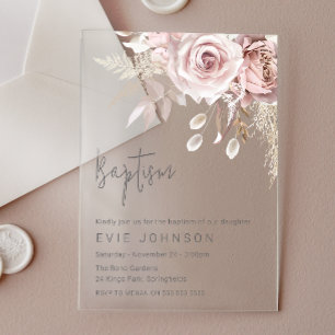 Invitations En Acrylique Baptême Floral Moderne Boho Rose Poussiéreuse & Bl