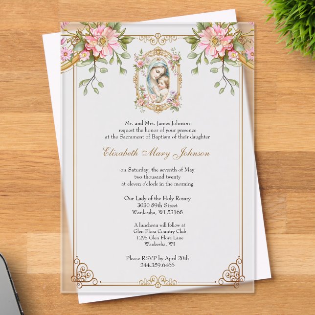 Invitations En Acrylique Baptême Mère catholique Marie Jésus rose floral (Créateur téléchargé)