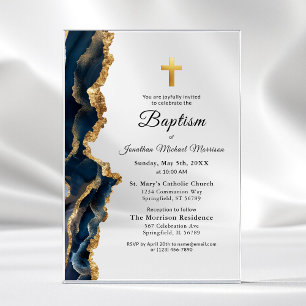 Invitations En Acrylique Baptême Moderne Élégant Agate Bleu Nuit Or