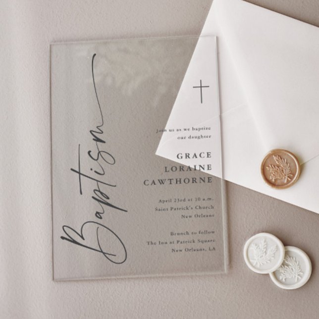 Invitations En Acrylique Baptême Moderne Élégant Script (Modern handwritten script gender neutral baptism invitation.)