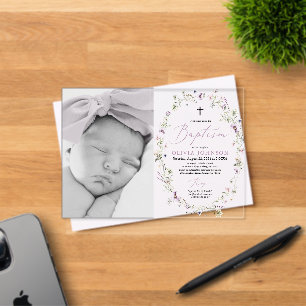 Invitations En Acrylique Baptême Photo Fille Fleur Sauvage Moderne Violette