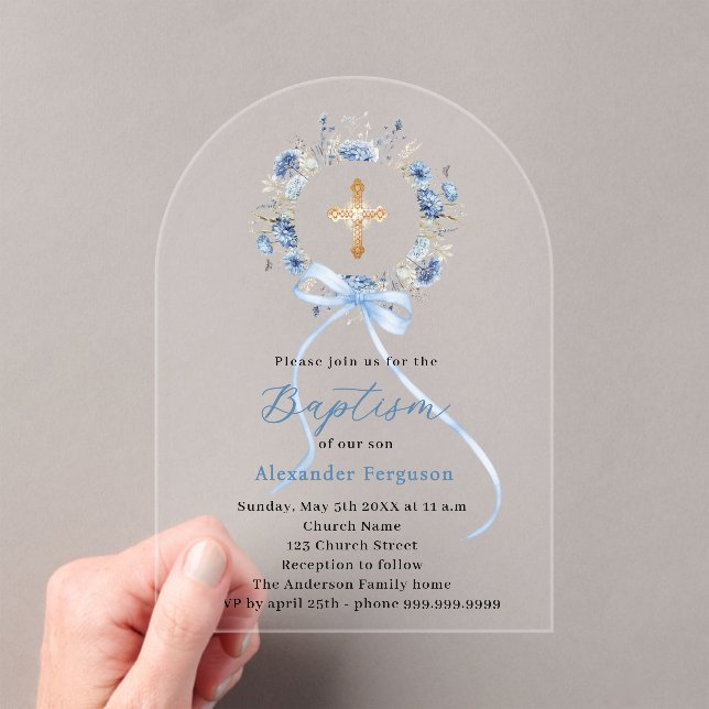 Invitations En Acrylique Baptism blue floral wreath boy bow arch (In situ (ordinateur de poche))