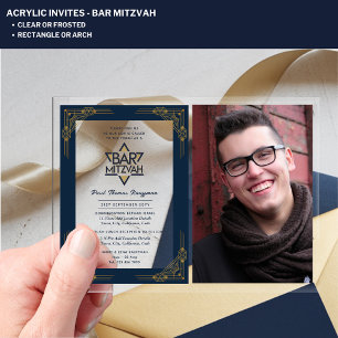 Invitations En Acrylique BAR ACRYLIQUE MITZVAH Photo Bleu Or Élégant Modern