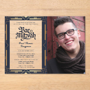 Invitations En Acrylique BAR ACRYLIQUE MITZVAH Photo Blue Gold Elegant