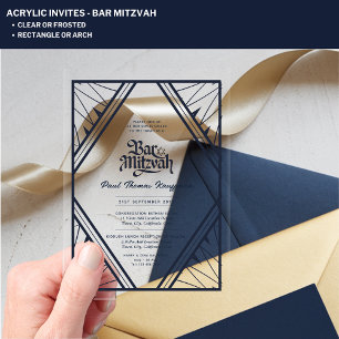 Invitations En Acrylique BAR MITZVAH Bleu Or Clair Luxe Minimaliste