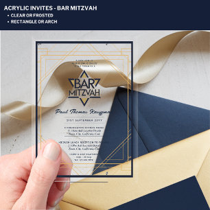 Invitations En Acrylique BARRE ACrylique claire MITZVAH Marine Or Moderne É