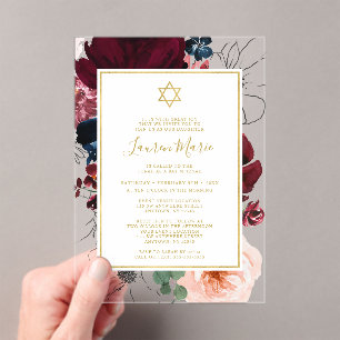 Invitations En Acrylique Bat mitzvah Floral bleu de la marine de Bourgogne