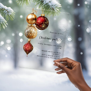 Invitations En Acrylique Baubles d'or rouge fête de Noël gelé