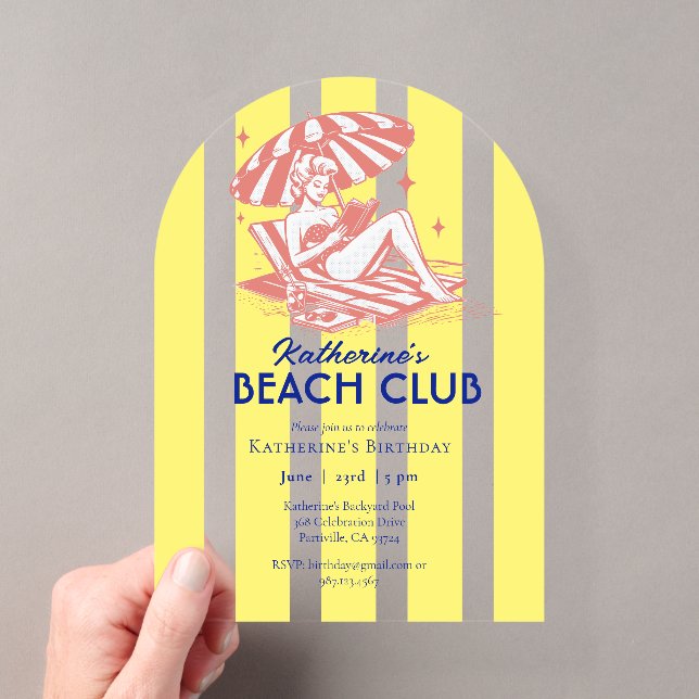Invitations En Acrylique Beach Club Cabana Jaune Fête d'Anniversaire (In situ (ordinateur de poche))
