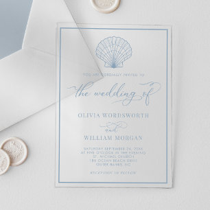 Invitations En Acrylique Beach Seashell Elegant Dusty Blue Mariage