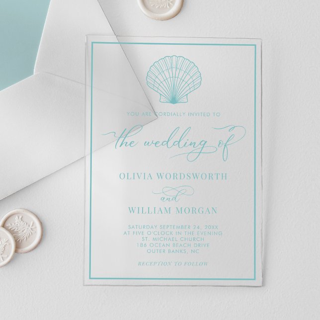 Invitations En Acrylique Beach Seashell Elégant Mariage bleu verre de mer (Créateur téléchargé)