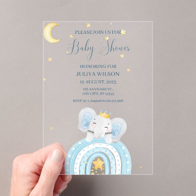 Invitations En Acrylique Beau baby shower bleu éléphant (In situ (ordinateur de poche))