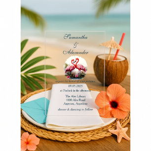 Invitations En Acrylique Beau Flamant rose Love Mariage