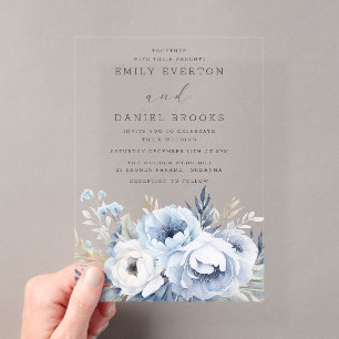 Invitations En Acrylique Beau Mariage floral bleu Dusty