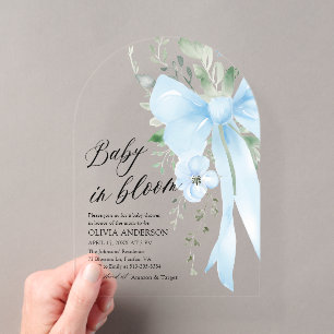 Invitations En Acrylique Bébé Arc-en-ciel Bleu en Fleur Baby Shower Floral