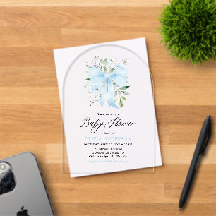 Invitations En Acrylique Bébé Arc-en-ciel Bleu en Fleur Baby Shower Garçon