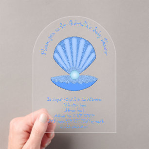 Invitations En Acrylique Bébé bleu Coquille d'huîtres et Baby shower Pearl