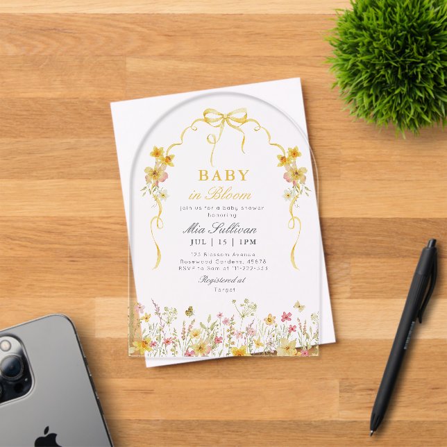 Invitations En Acrylique Bébé en fleur baby shower fleur sauvage jaune été (Insitu (Carte d'invitation))