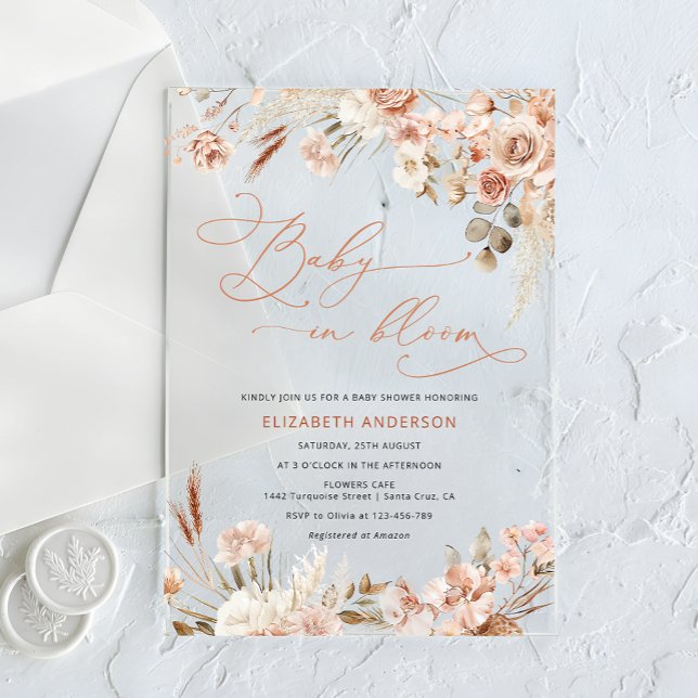 Invitations En Acrylique Bébé en Fleur Boho Pampas Baby shower en herbe (Créateur téléchargé)